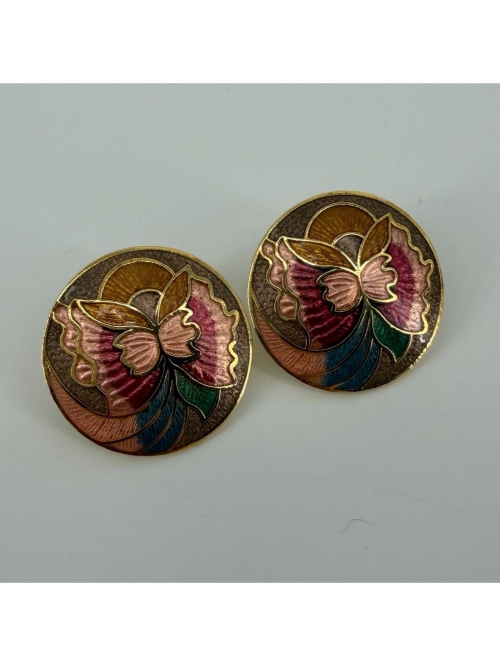 Vintage Gold Tone Cloisonne Enamel Butterfly Floral Medallion Post Earrings